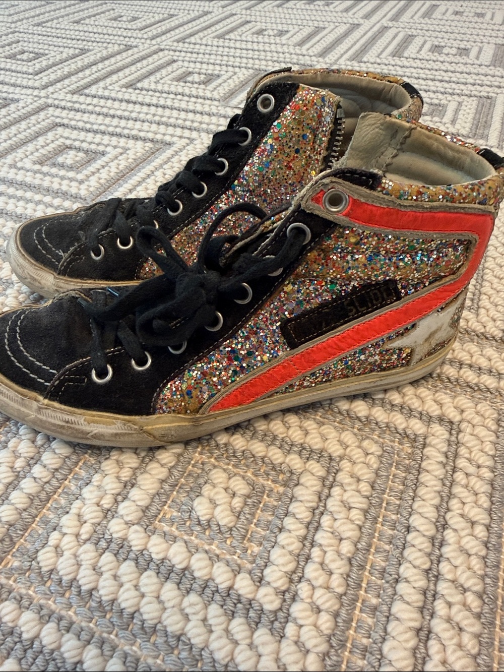 Golden Goose Black Multicolor Glitter High-Top Sneakers with Red Stripe